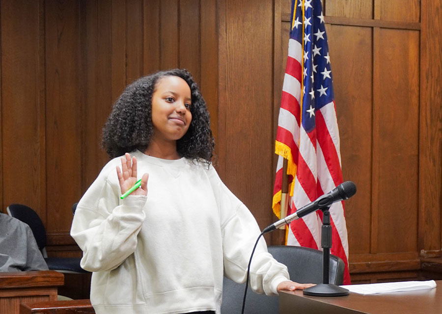 student swearing in to mock trial